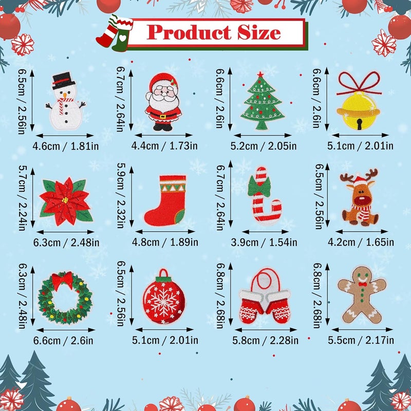mortd 12 Pieces Christmas Iron On Patches, Christmas Tree Santa Claus Snowman Embroidered Patches, Christmas Patches Sew on Iron on Embroidered for Xmas DIY Craft Clothing Bags Decor Party Supplies - Image 2